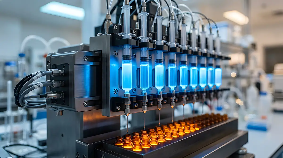 Automated peptide synthesizer machine with glowing blue columns in a laboratory